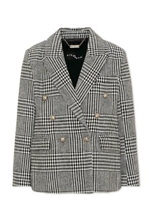 Blazer doppiopetto da donna in pied de poule bianco e nero con bottoni argento e colletto con risvolto a lancia.