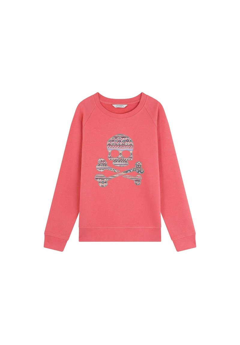 Sudadera de color coral con cuello redondo y mangas raglán. Presenta un gráfico de calavera y tiburones en plata. Textura de tela suave.