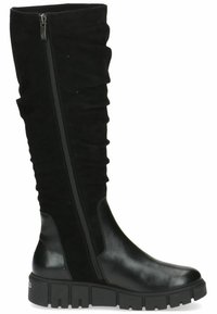 Stivali neri al ginocchio in suede e pelle, con un design svasato, zip laterale e suola spessa con texture rigata.