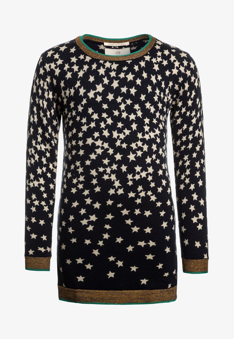 Pull en tricot avec un fond bleu marine et un motif d'étoiles crème, comportant un encolure arrondie, des manches longues et une bordure texturée dorée et verte.