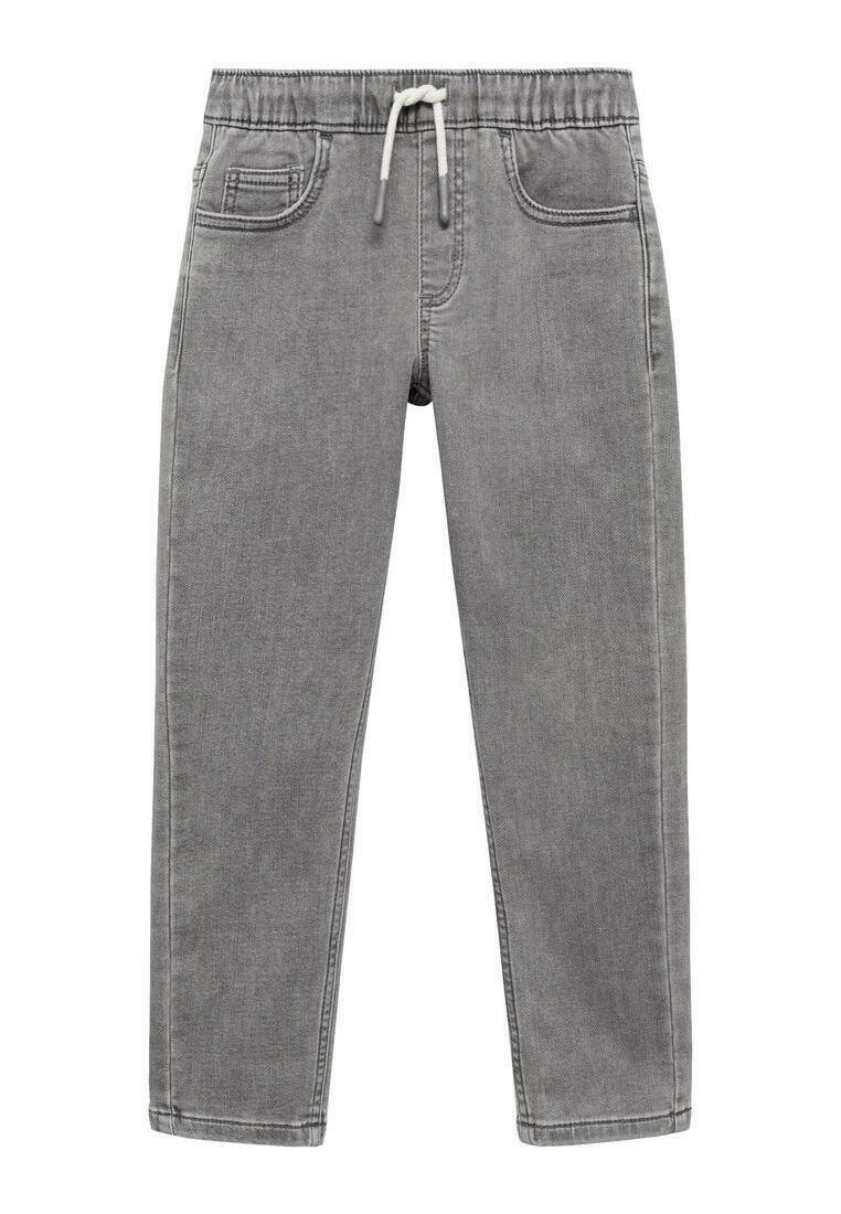 Šedé denimové jogger kalhoty s elastickým pasem, stahovací šňůrkou a dvěma předními kapsami. Tkanina má hladkou strukturu a jemné prošívání.
