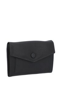 Black leather wallet with a flap closure, featuring a snap button. Notable for its smooth texture and rectangular shape with stitched accents.