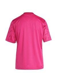Korte mouwen, effen roze sportshirt met een ronde hals en een gestructureerd geometrisch patroon op de mouwen. Gemaakt van lichtgewicht vochtregulerende stof.