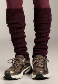 Ciorapi de gamă violetă cu textura ribbed se află deasupra unei perechi de adidași metalici de bronz cu detalii din plasă și tălpi albe, având șireturi și materiale texturate.