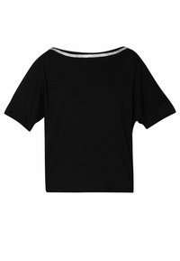 Top nero a maniche corte con scollatura ampia, caratterizzato da un trim argento lucido lungo il colletto. Tessuto morbido e vestibilità rilassata.