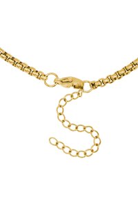 Collana in oro con maglie intrecciate, dotata di chiusura a moschettone e catena di estensione regolabile per la regolazione della lunghezza.
