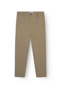 Beige kalhoty s elastickým pasem, zapínáním na knoflík, dvěma bočními kapsami a rovnými nohavicemi, vyrobené z lehkého materiálu.
