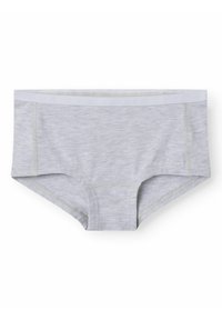 Pantaloni boyshorts grigi in cotone con una texture morbida, dotati di un elastico grigio chiaro e delicate cuciture lungo i bordi.