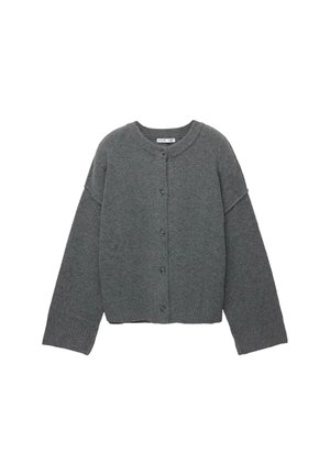 Grijze gebreide cardigan met een ronde hals, knoopsluiting aan de voorkant en geribde manchetten. Heeft een relaxte pasvorm en een zachte textuur.