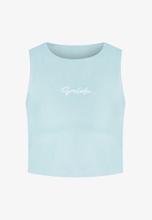 Lyseblå ærmeløs cropped top med rund halsudskæring og hvid kursiv "Smilodox" tekst centreret på brystet.