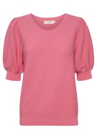 Roze gebreide trui met korte pofmouwen, een ronde halslijn en een geribbelde zoom. De stof heeft een gestructureerde afwerking en zorgt voor een comfortabele pasvorm.