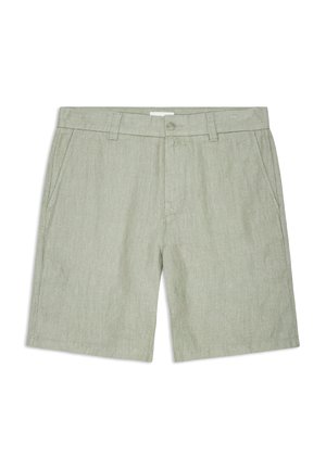 Shorts en lin vert clair avec une texture lisse, dotés d'une fermeture à bouton sur le devant, de passants de ceinture et de poches latérales. Design à coupe droite.