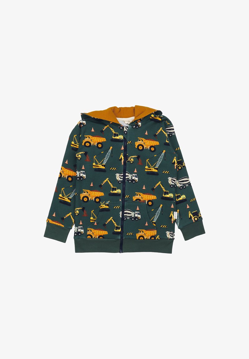 Green hoodie with yellow and white construction vehicle patterns. Features a zip closure, kangaroo pockets, and a mustard-colored hood lining.