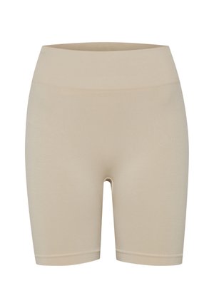 Shorts beige mi-longs avec une large ceinture, fabriqués dans un tissu lisse et extensible. Présente un design ajusté pour le confort.