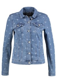 Jeansjacka i ljusblått med ett hjärt-mönster. Har krage, knappstängning, tv å bröstfickor och långa ärmar.