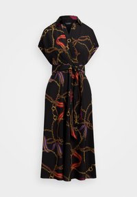 Čierne šaty s krátkymi rukávmi, opasok v oblasti pása, s retiazkovým a stužkovým vzorom v zlatej, červenej, fialovej a hnedej farbe. Hladká textúra látky.