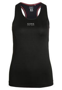 Svart ärmlös cykeltröja i slät, transpirable tyg, med rundad halsringning och "GORE BIKE WEAR"-logotyp på framsidan.