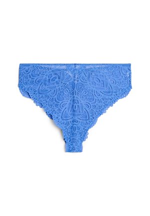 Blue lace thong featuring floral and geometric patterns, scalloped edges, and a soft texture. The design is intricate and delicate.