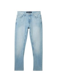 Hellblaue Denim-Jeans im Slim Fit, mit Knopfverschluss, fünf Taschen und subtilen Ausbleichungen im Stoff.