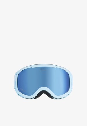 Lyžiarske okuliare s svetlomodrým rámom, zrkadlovými modrými šošovkami a čiernym penovým polstrovaním. Na šošovke je logo a mäkké ušné popruhy.