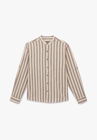 Randig långärmad skjorta i beige och brunt. Har en kraglös halsringning, träknappar och ett kontrasterande randigt mönster.