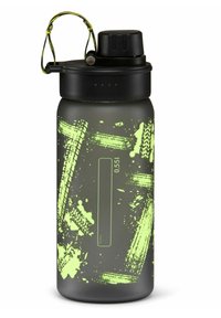 Black water bottle with a matte finish, featuring bright green abstract patterns and a screw-on cap with a small carry loop.
