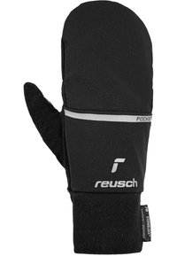 Schwarze Fäustlinge aus weichem Material, mit Daumen und fünf-Finger-Design, reflektierendem Streifen und Reusch-Logo auf der Handfläche.