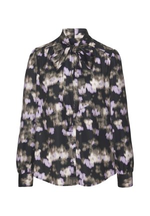 Langärmelige Bluse mit schwarzem, weißem und lavendelfarbenem abstraktem Druck, mit hohem Kragen und gebundener Schleife am Kragen.