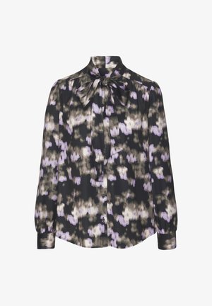 Blouse met lange mouwen met zwart, wit en lavendel abstract patroon, met een hoge hals en een strik bij de kraag.