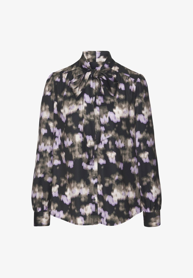 Blouse à manches longues avec imprimé abstrait noir, blanc et lavande, dotée d'un col montant et d'un nœud noué au col.