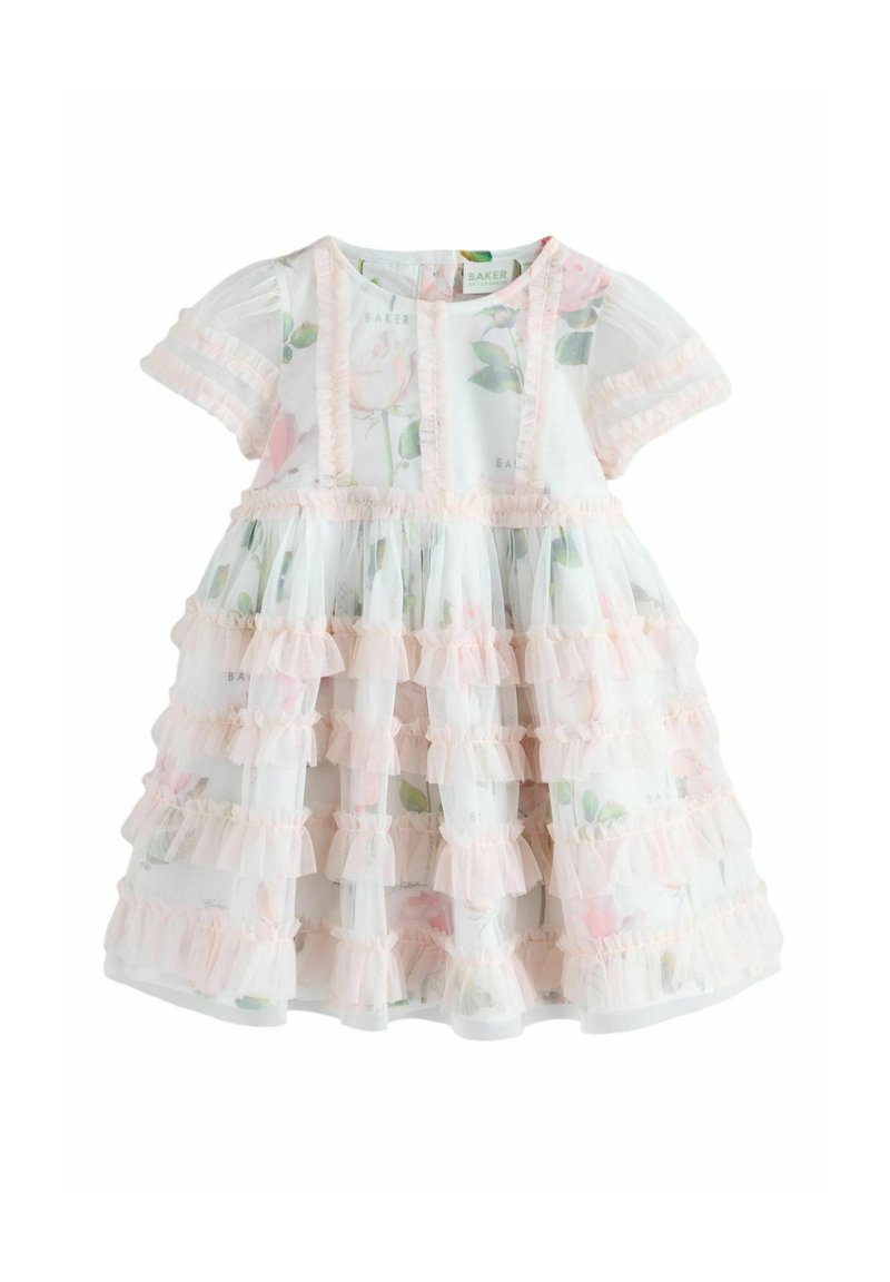 Blumenkleid mit kurzen Puffärmeln, aus leichtem Stoff gefertigt. Es hat gestufte Volants in zartem Rosa und ein gemustertes Blumendesign in sanften Farben.