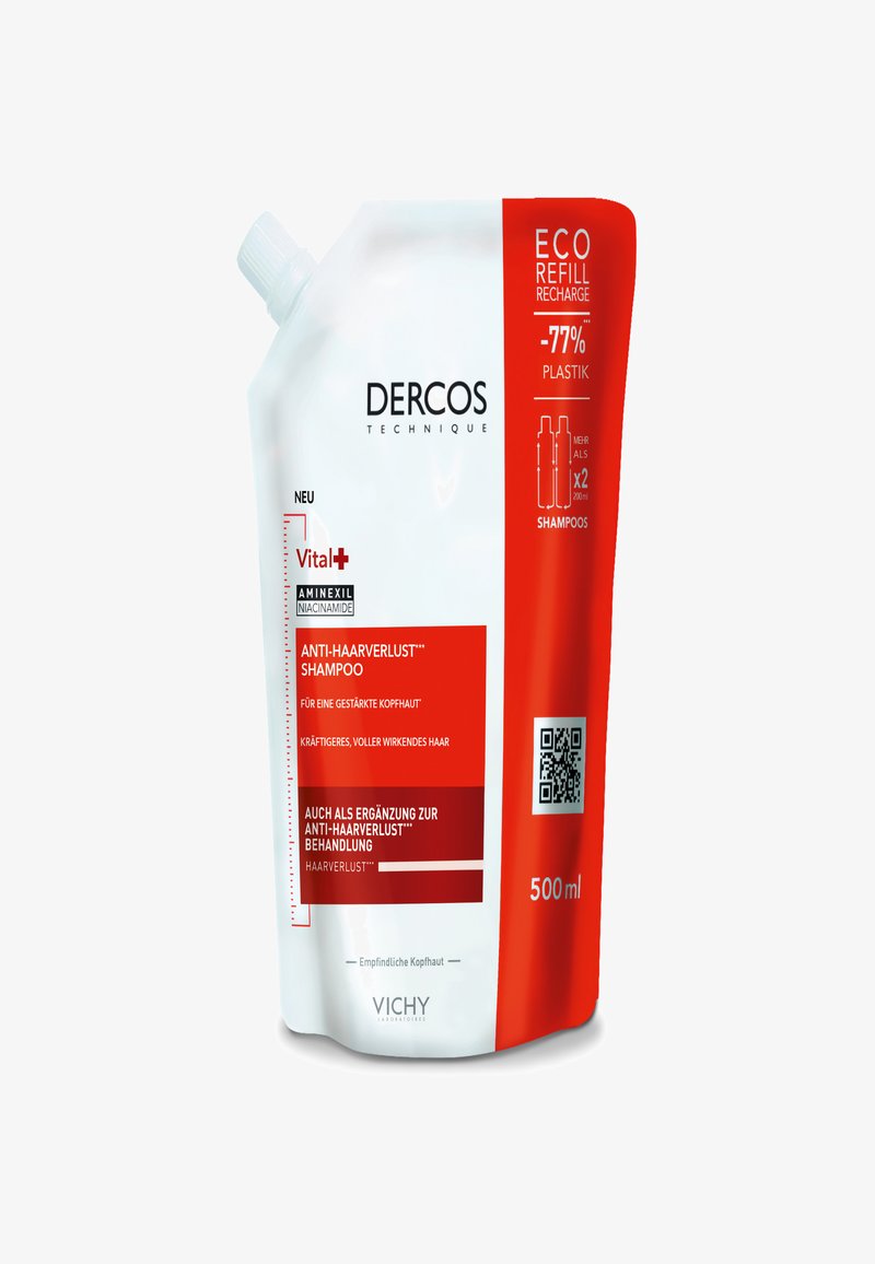 Weißer wiederverschließbarer Beutel mit roten Akzenten, beschriftet "Dercos Anti-Haarverlust Shampoo", 500 ml. Zu den bemerkenswerten Details gehören ein QR-Code und Informationen zur ökologischen Nachfüllung.