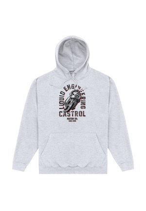 Szary hoodie wykonany z mieszanki bawełny z kieszenią kangurzą. Posiada graficzny nadruk motocykla oraz napis "Castrol Motor Oil."
