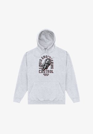 Sudadera gris de mezcla de algodón con un bolsillo tipo canguro. Presenta una impresión gráfica de una motocicleta y el texto "Castrol Motor Oil".