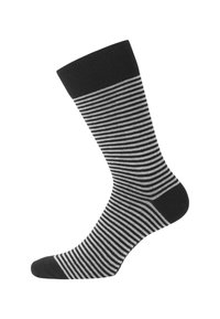 Chaussette de crew rayée noire et grise avec un revers côtelé, texture lisse, et un embout et un talon renforcés pour plus de durabilité.