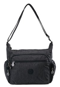 Borsa a spalla in tessuto grigio scuro con multiple tasche con zip e tracolla regolabile.