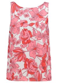 Top corto floreale con sfondo bianco e grandi fiori rosa e corallo. Design senza maniche, tessuto leggero e vestibilità rilassata.