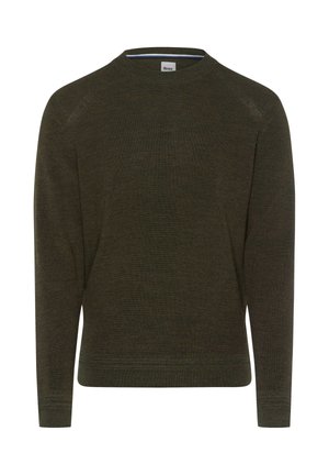 Olive green knitted crew neck sweater with long sleeves, ribbed cuffs and hem, featuring a textured pattern. Casual fit design.