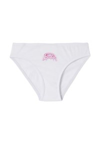 Weiße Baumwoll-Bikini-Unterwäsche mit einem pinken "Barbie"-Logo und einem Regenbogen-Graphic. Glatte Textur und elastischer Bund.