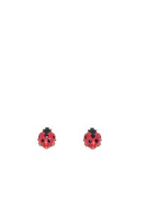 Pendientes en forma de mariquita en rojo y negro con acentos dorados. Acabado brillante, forma redonda, con manchas negras y un diseño de caparazón detallado y elevado.