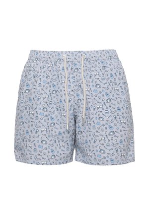 Pantaloncini da nuoto grigio chiaro con coulisse bianca con un piccolo motivo di attrezzature da laboratorio scientifico blu e nere.