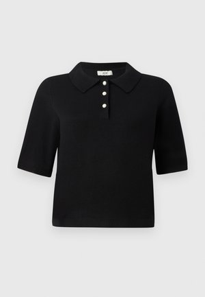 Crni polo pulover s kratkim rukavima, trokutasta manžetna s dugmetima s bisernim detaljima i klasičnim okovratnikom. Glatka pletenina.
