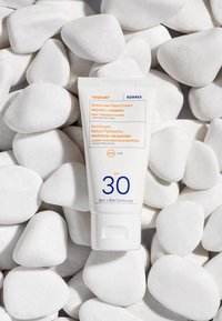 Tubetto di crema solare per il viso su ciottoli bianchi lisci. Il tubetto presenta un design bianco, testo blu e indica SPF 30 con benefici idratanti.