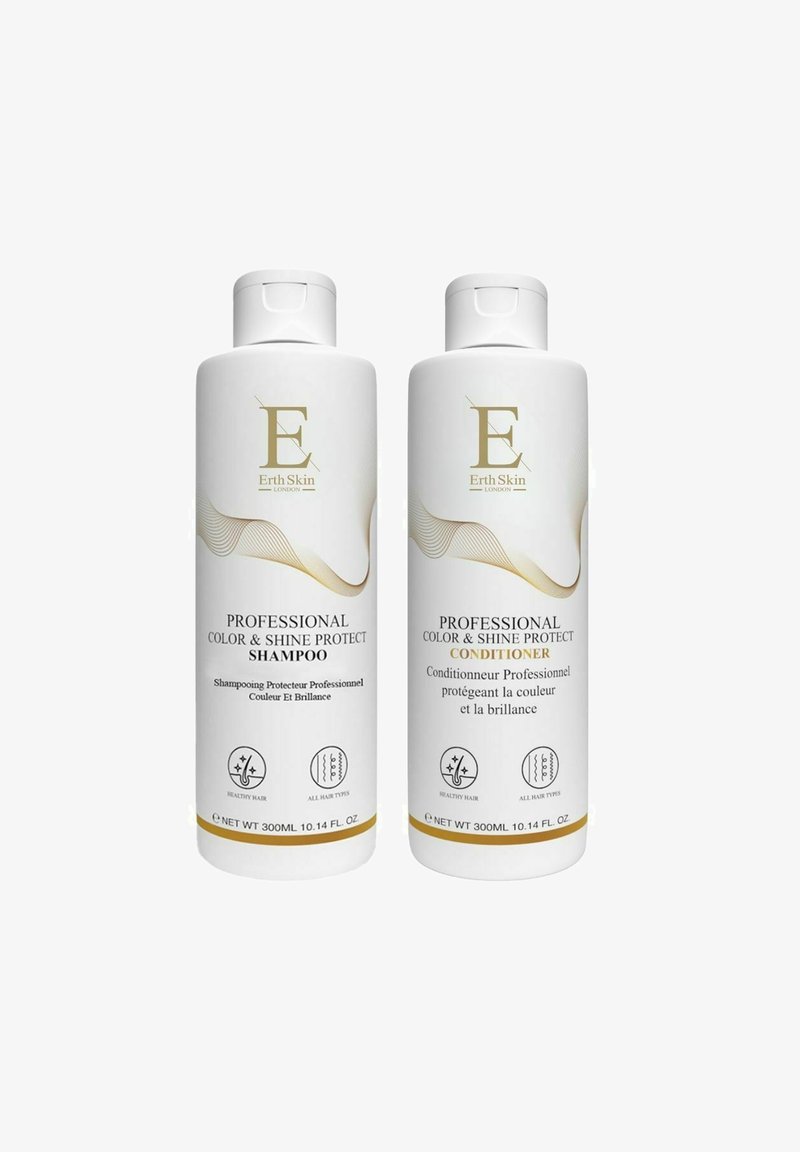 Two white cylindrical bottles with gold accents, labeled "Shampoo" and "Conditioner," 300 mL each, featuring wavy design patterns and symbols.