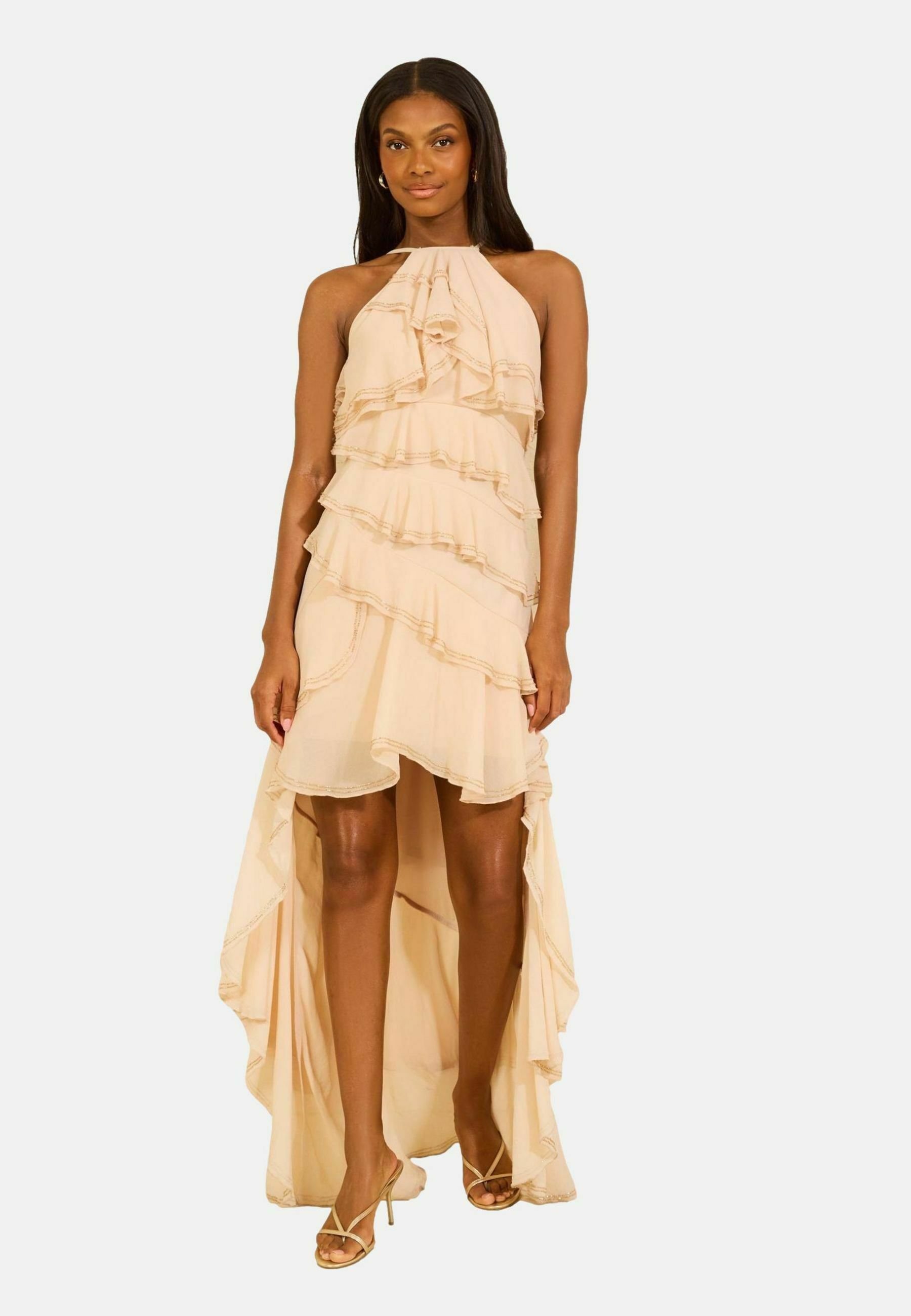Lipsy REGULAR FIT - BEAD TRIM CORSAGE DETAIL RUFFLE HIGH LOW MAXI DRESS . - Occasion wear - nude/beige