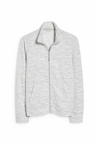 Světle šedá prošívaná bunda na zip z texturované tkaniny, s vysokým límcem a dvěma předními kapsami. Jednoduchý design s žebrovanými manžetami.