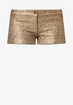 Short doré à sequins avec fermeture devant par bouton et zip, coupe courte et ajustée.