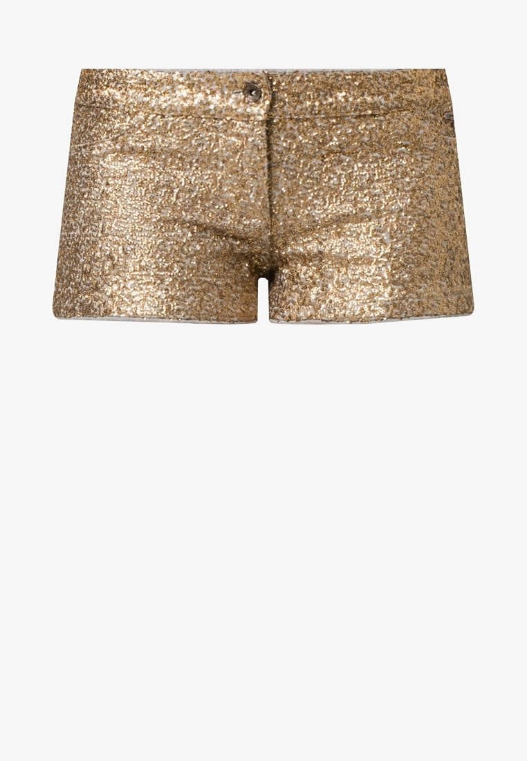Short doré à sequins avec fermeture devant par bouton et zip, coupe courte et ajustée.