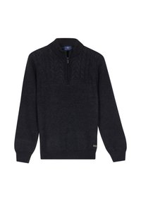 Heren donkerblauwe gebreide sweater met half-rits kraag en subtiel kabelpatroon over de bovenborst en schouders.