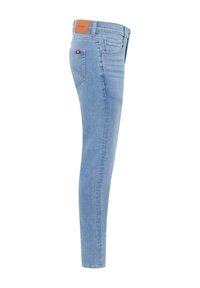 Kitsad teksad helesinises denimis, mis on varustatud nahklabeliga tagaosas, viie taskuga ja kergelt kulutatud efektiga jalgadel.